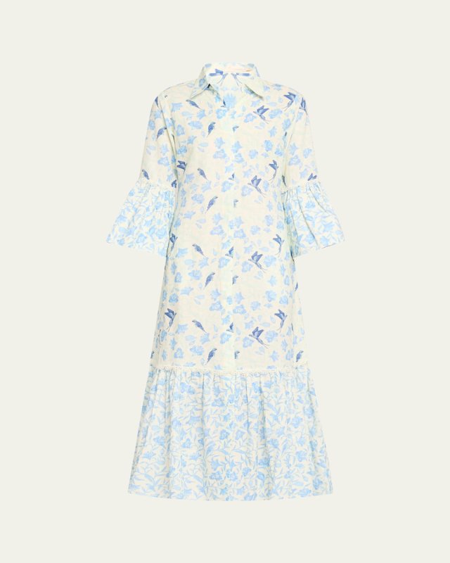 Floral Bird Linen-Cotton Midi Shirtdress